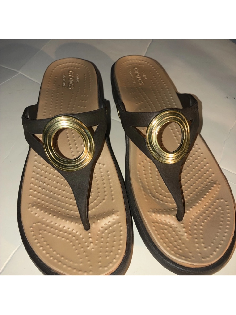 Crocs Brown and beige Women's Thong Sandals with Gold Accent Size 9 NEW wide